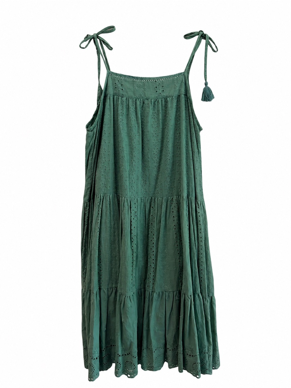 easel Eyelet Soft Pastel Green 100% Cotton Tiered Trapeze Dress (L) Cottagecore - Picture 2 of 13
